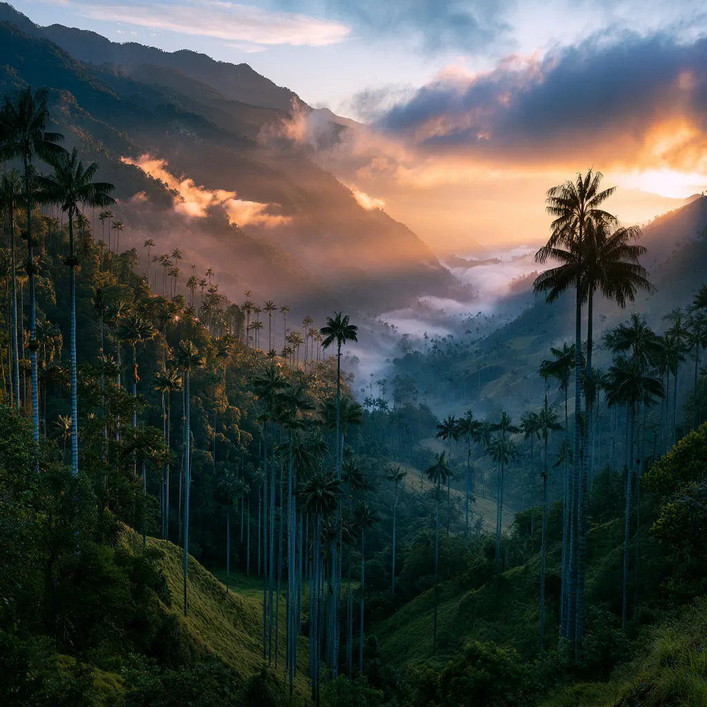 Vista aérea del Valle de Cocora entre montañas y niebla