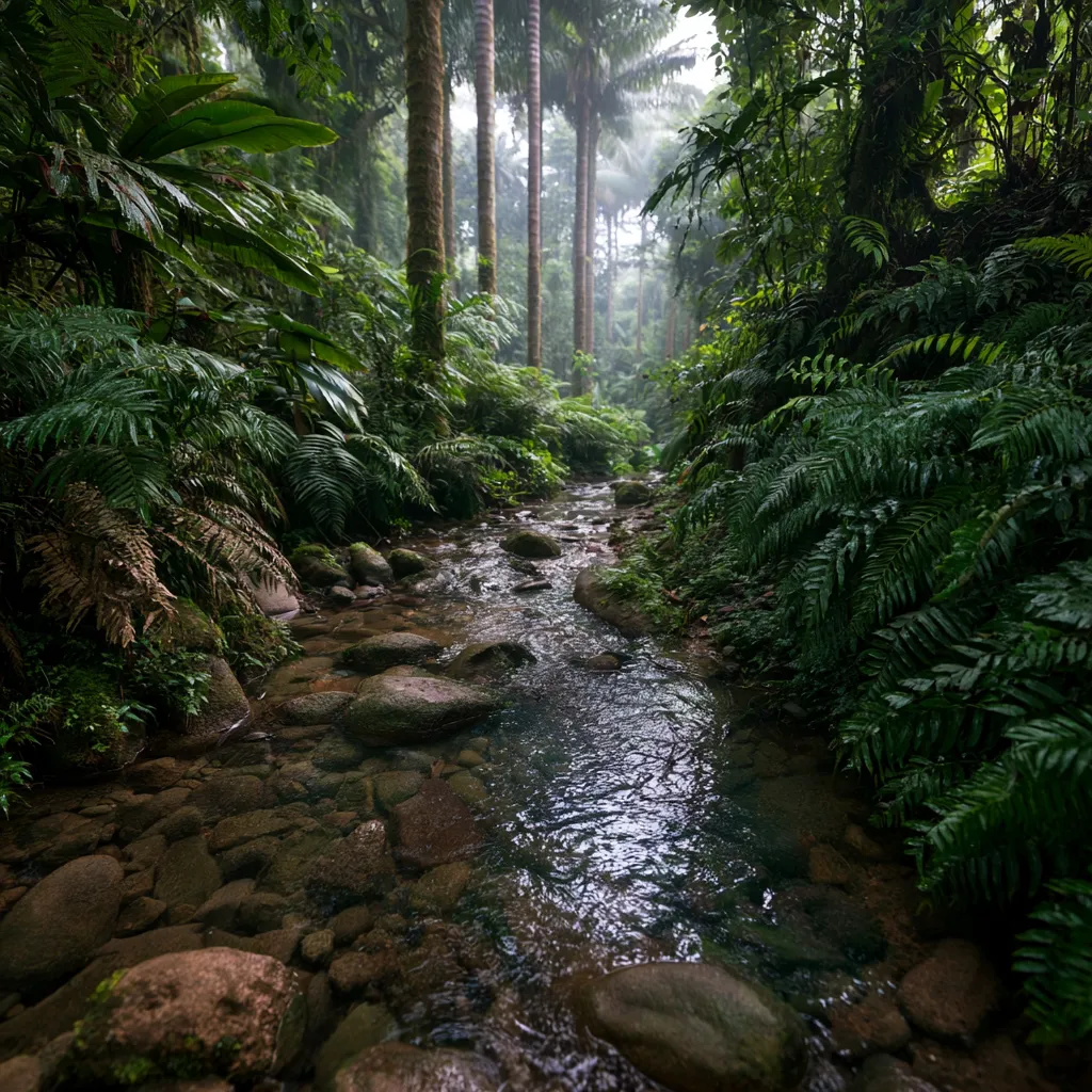 Quebrada de aguas claras corriendo entre el bosque de niebla