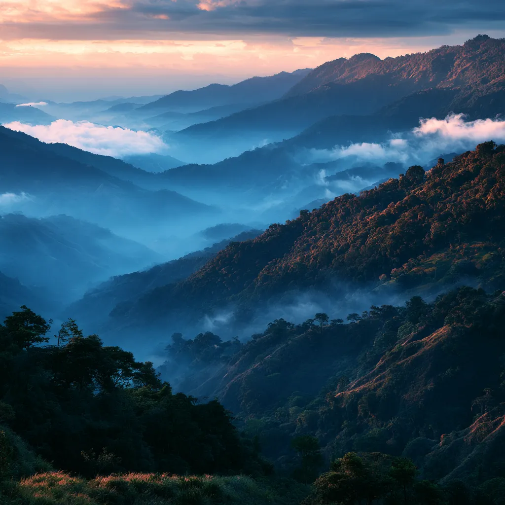 Cordilleras de los Andes desvaneciéndose en capas de niebla