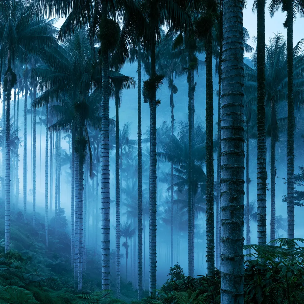Palmas de cera al amanecer entre la niebla del valle