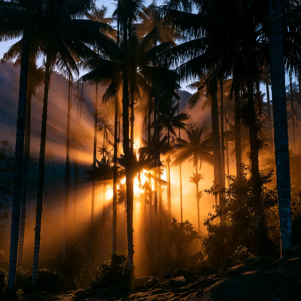 Palmas de cera elevándose sobre la niebla al amanecer