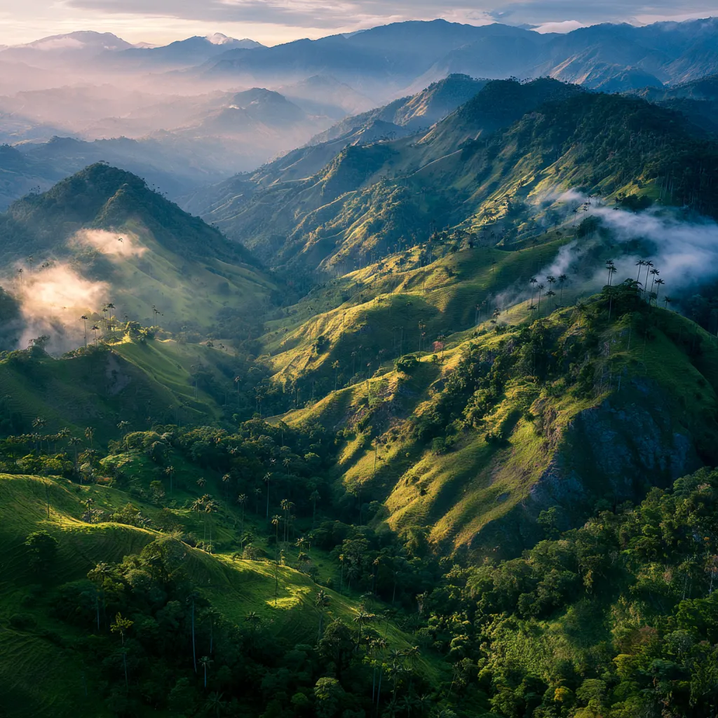 El Valle de Cocora con palmas de cera de sesenta metros al atardecer