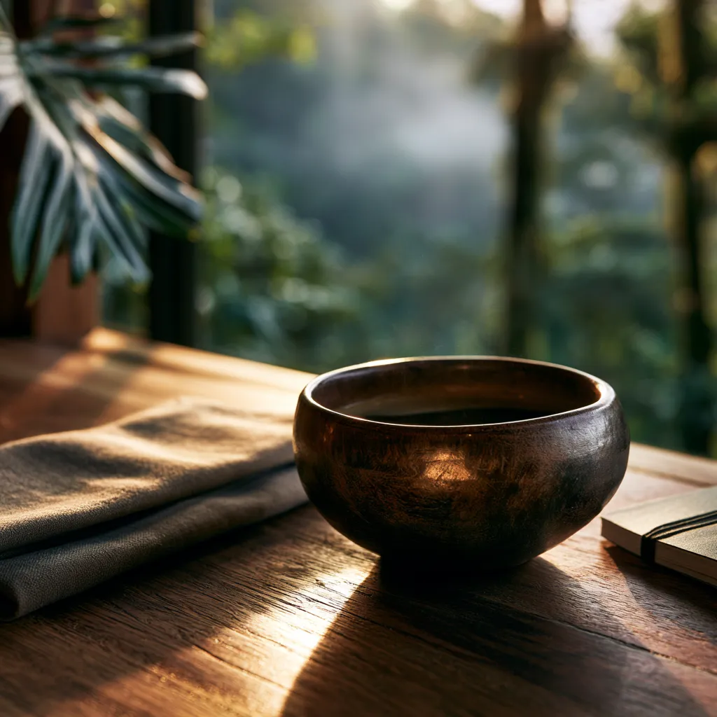 Taza de café colombiano sobre madera cálida con la luz dorada del amanecer