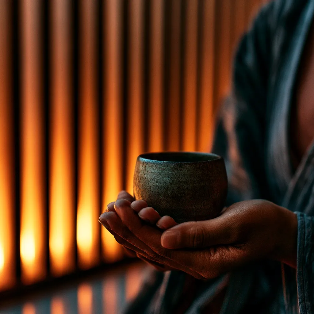 Manos sosteniendo una taza de café sobre la mesa larga de madera
