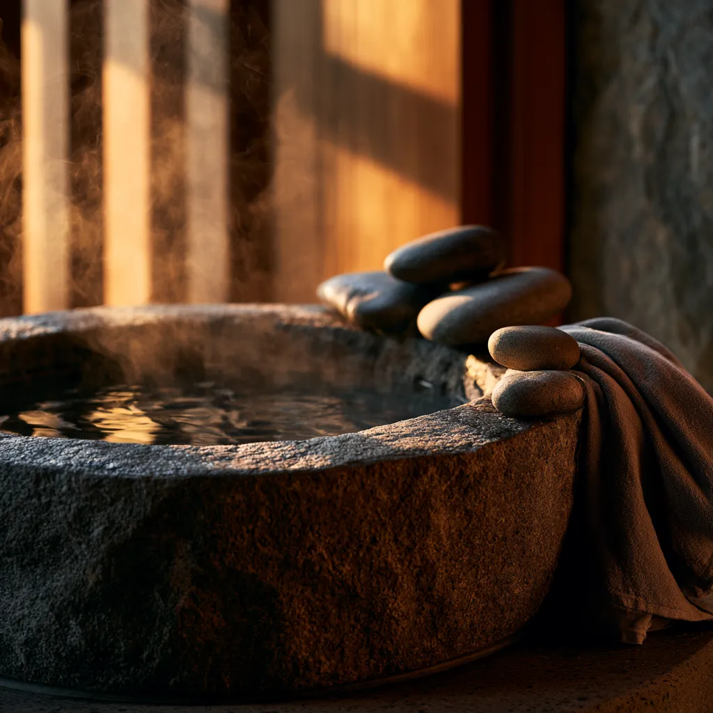 A stone bath open to the rain and the forest