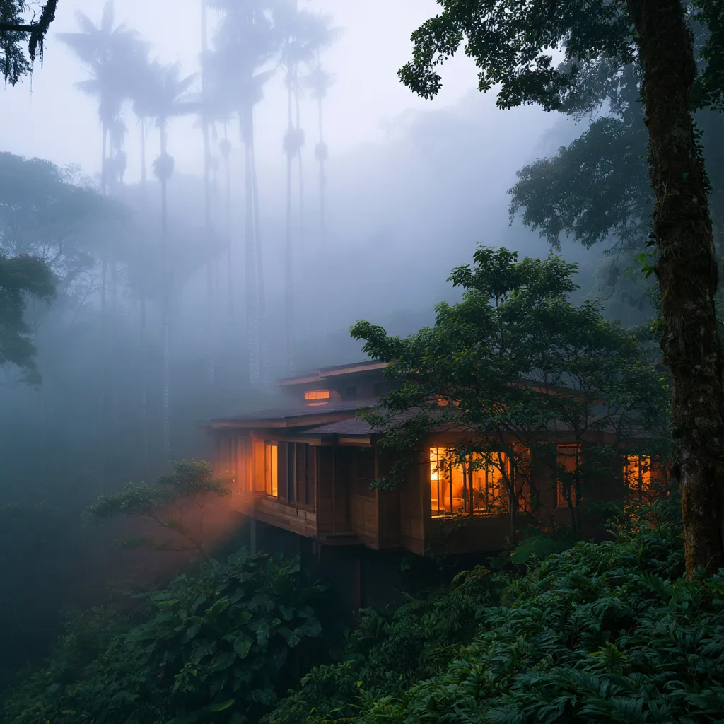 Suite Niebla entre la niebla del bosque nublado, en concreto y vidrio con interiores en blanco y gris